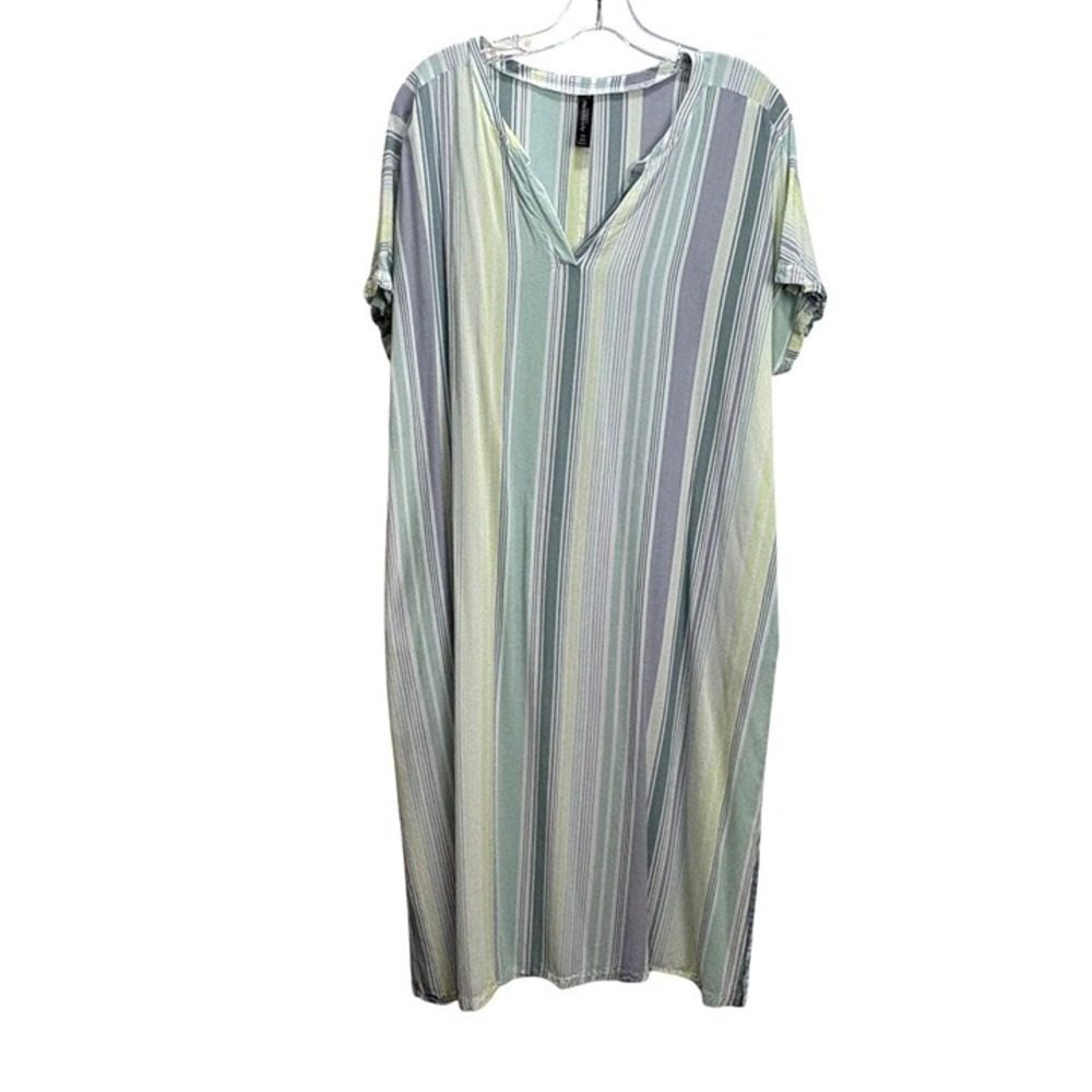 Ambrielle Womens XXL Green Gray Striped SS V-Neck Sleepwear NightGown Pockt